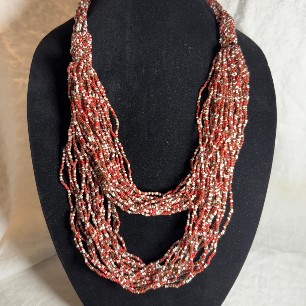 Sophisticated seed bead multi strand necklace, brick, brown white